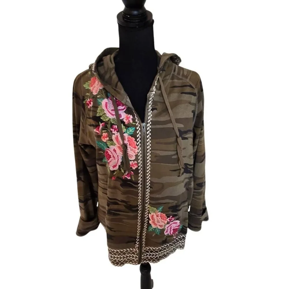 Johnny Was Womens Floral Camo Embroidered Zip Up Hoodie Green Pink Size Large